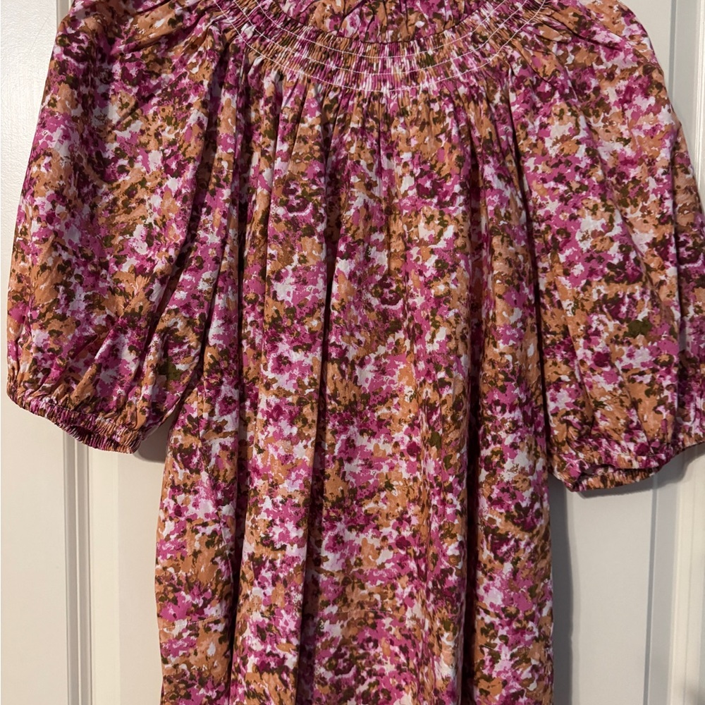 J. Crew Red and Pink Casual Shirt with Puff Sleeves